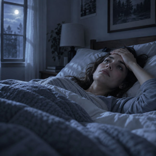 A woman in bed, suffering from stress, awake at 2am